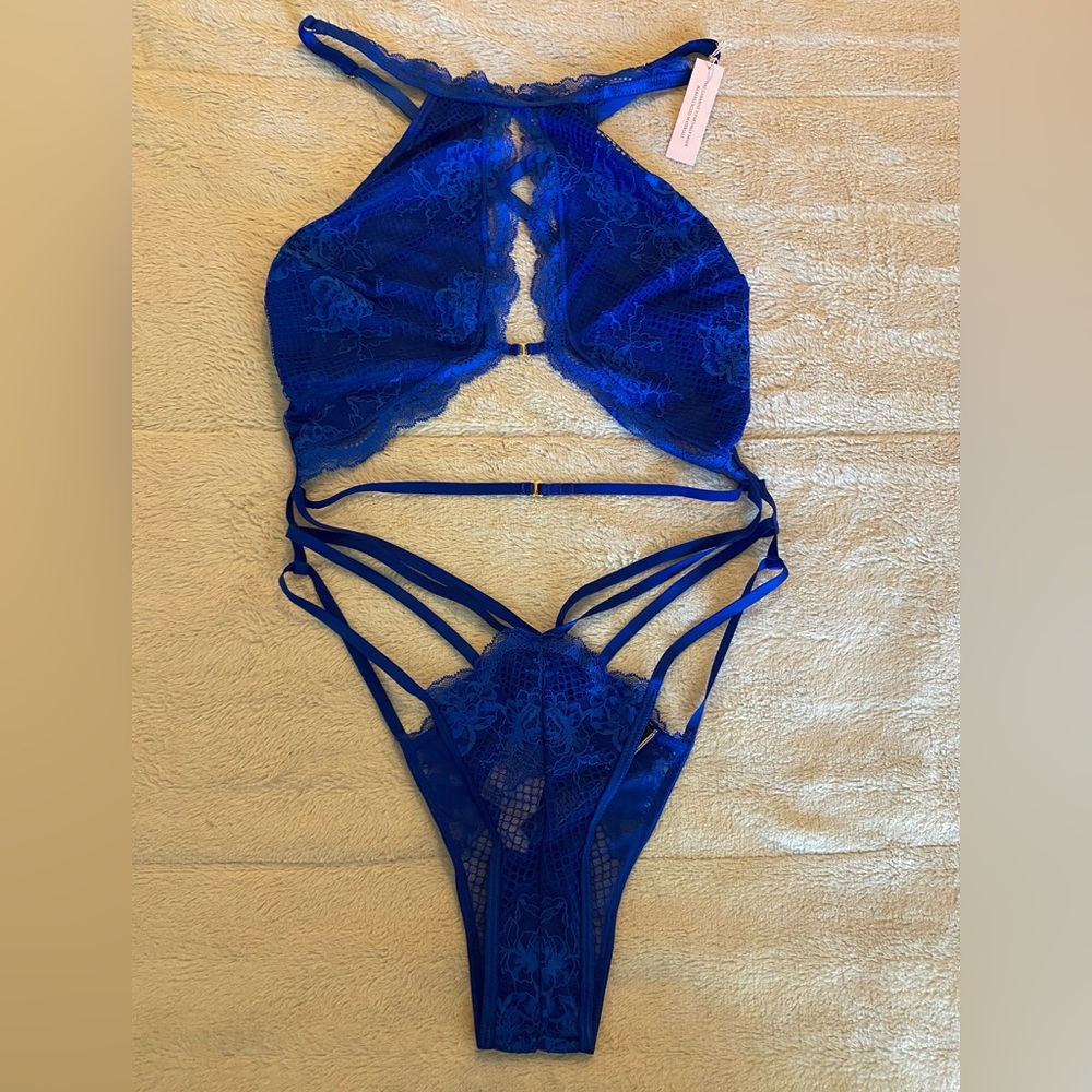 Women’s Victorias Secret lingerie, royal blue lace body suit. Size Med.